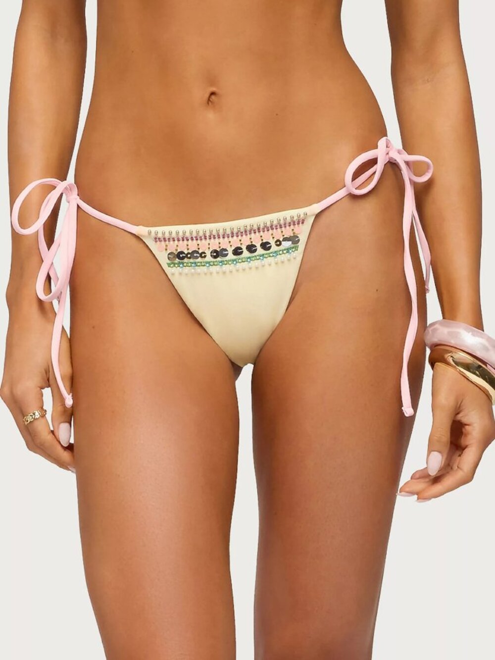 Edikted Tarah Beaded String Bikini Bottom XS Light Yellow beaded